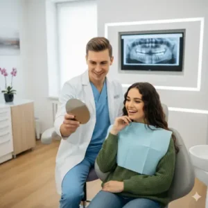 dentista mosta il lavoro fatto sui denti